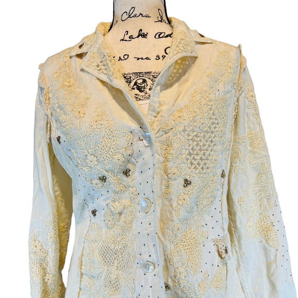 NWT Label Ritu Kumar Embroidered Floral Rhinestone Blazer Jacket White Size 2 - Picture 6 of 14